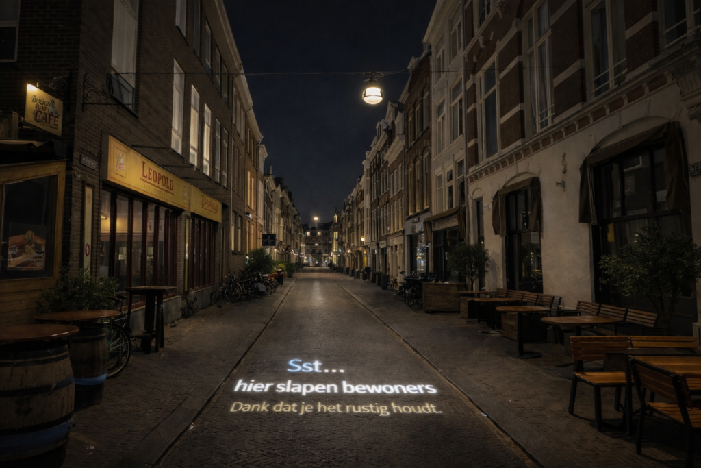 Impressie van een mogelijke lichtprojectie in de Herenstraat die bezoekers bewust maakt van geluidsoverlast